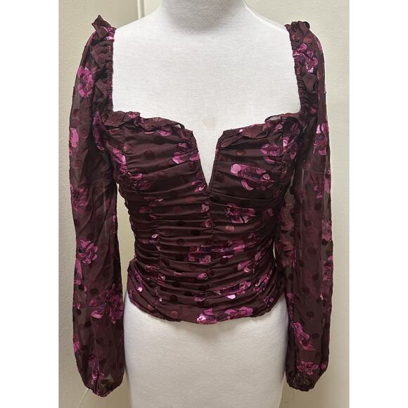 ASTR THE LABEL Perkins Fuchsia Burnout Floral Balloon Sleeve Polka Blouse Sz XS - Picture 5 of 12